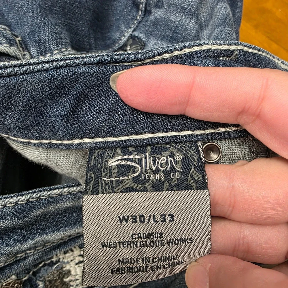 Silver‎ Pioneer Jeans Women's Boot Cut Dark Wash Denim Embellished Pockets 30/33
